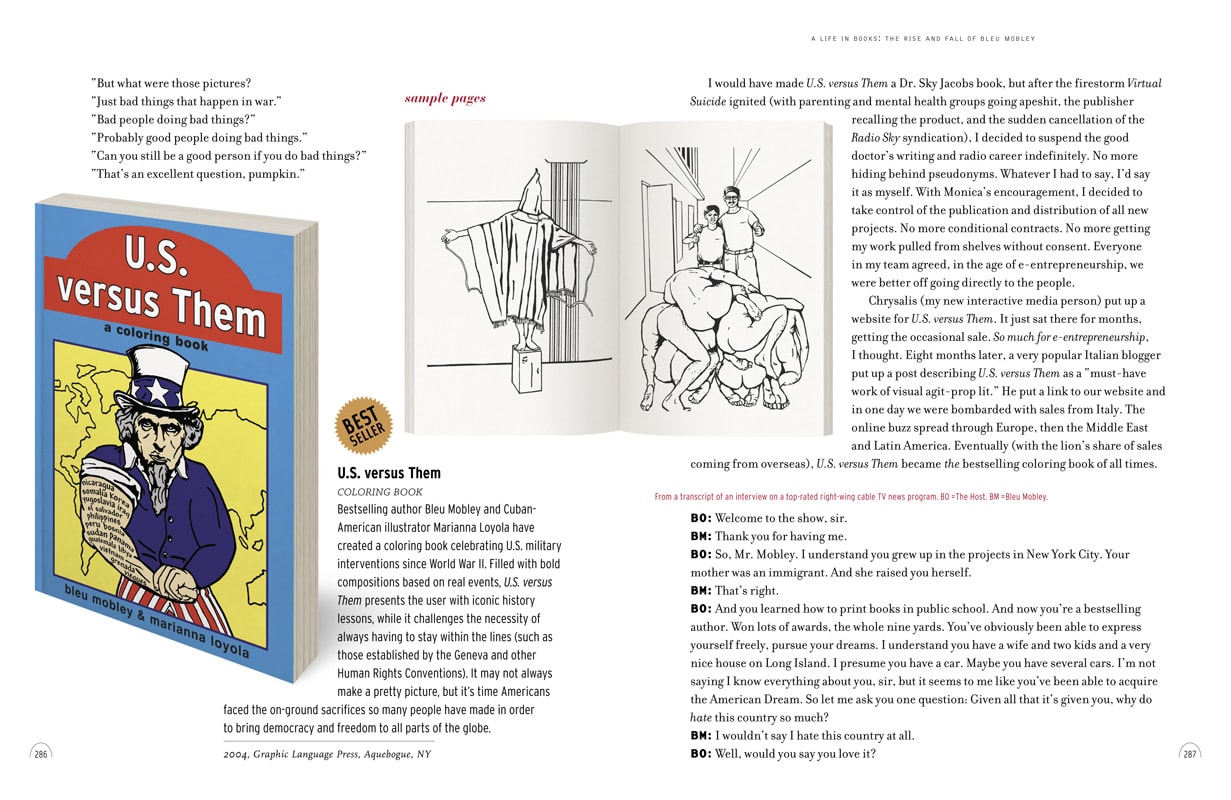 Page spread featuring Bleu Mobley’s coloring book US versus Them “celebrating US military interventions since World War 2
