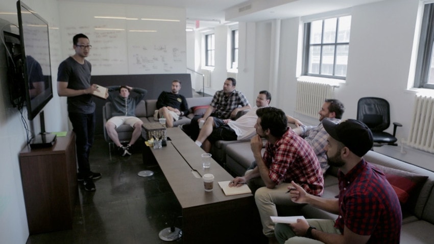 Jonathan Kim (left) in a production meeting for Call of Duty "Fuel Up for Battle"