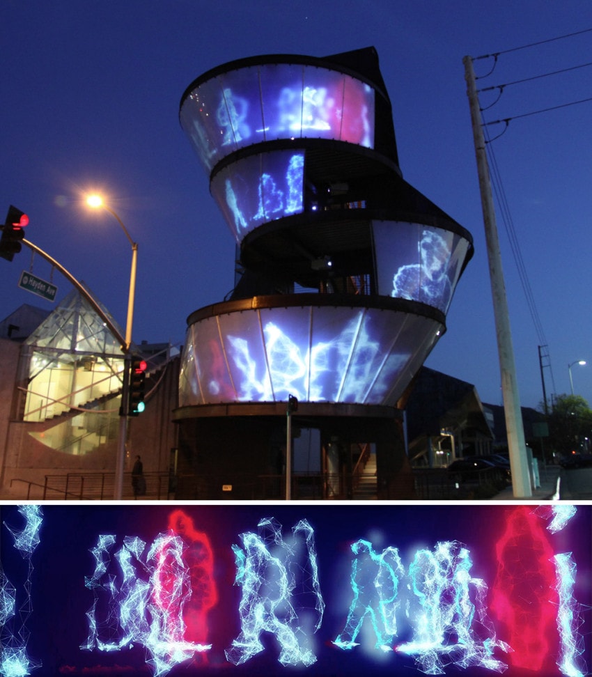 Mark McCallum work “Flux” for group show on Samitaur Tower, Culver City. Generated using depth / point cloud capture on the Kinect and rendered in After Effects. Displayed on 10linked HD rear projection surfaces.