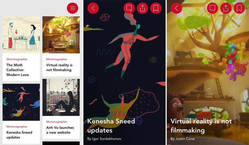 Screens from the Motionographer app for iOS